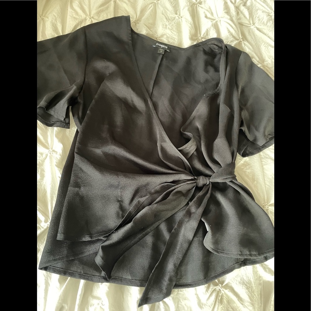 Black top wrap front shirt sleeve blouse